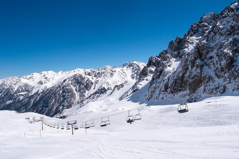 Ski slopes and chairlift at Shymbulak resort above Almaty