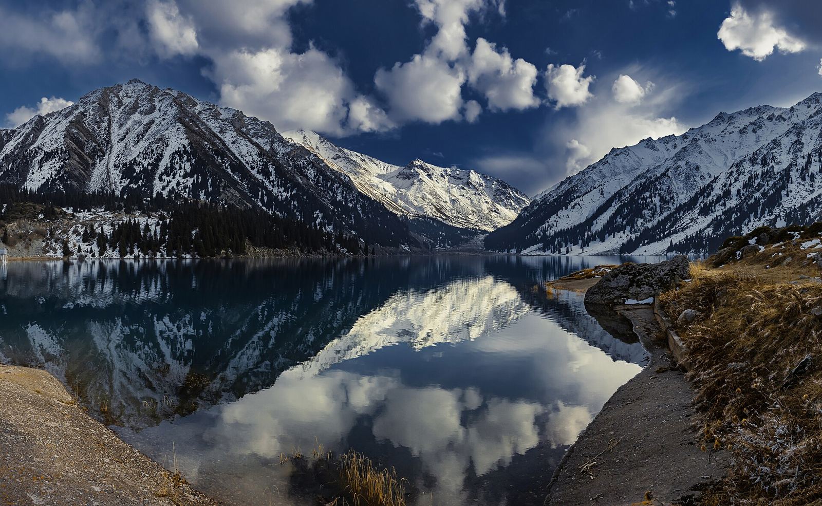 Snowy peaks reflected in Big Almaty Lake